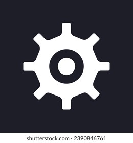 Icono de glifo ui en modo oscuro de CogWheel. Acceso a configuraciones. Configuración técnica. Diseño de interfaz de usuario. Símbolo de silueta blanca en el espacio negro. Pictograma sólido para web, móvil. Ilustración aislada del vector