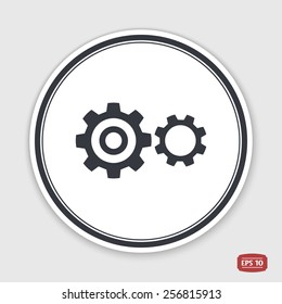 Cogwheel and development icon. Flat design style. Made vector illustration. Emblem or label with shadow.