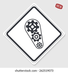 Cogwheel and development icon. Flat design style. Made vector illustration. Emblem or label with shadow.