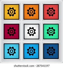 Cogwheel and development icon. Flat design style. Made vector illustration. Emblem or label with shadow.