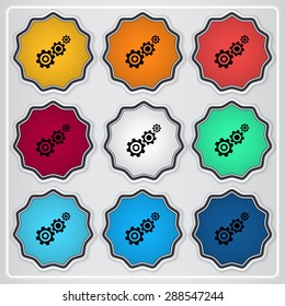 Cogwheel and development icon. Flat design style. Made vector illustration. Emblem or label with shadow.