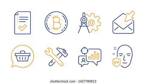 Cogwheel dividers, Approved checklist and Seo statistics line icons set. Shopping cart, Bitcoin and Open mail signs. Spanner tool, Uv protection symbols. Settings, Accepted message. Vector