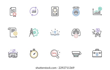 Cogwheel dividers, First aid and Discounts cart line icons for website, printing. Collection of Coffee maker, Lungs, 5g statistics icons. Clean skin, Certificate diploma. Vector