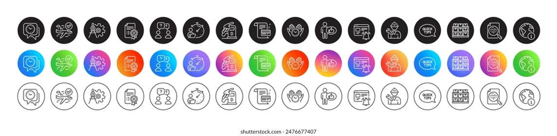 Cogwheel dividers, Reject certificate and Payment card line icons. Round icon gradient buttons. Pack of Confirmed flight, Safe time, Analytics chart icon. Vector