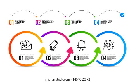 Cogwheel dividers sign. Infographics timeline. Euro money, Clock bell and Smartphone broken line icons set. Receive cash, Alarm, Phone crash. Settings. Business set. Euro money icon. Vector
