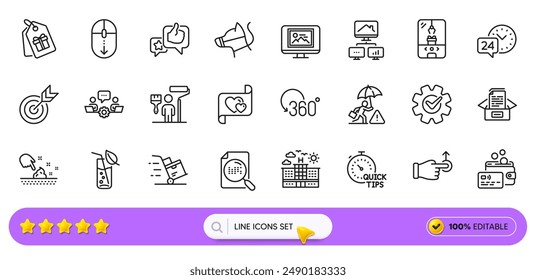 Cogwheel, Documents box and Search file line icons for web app. Pack of Delivery cart, Teamwork, Painter pictogram icons. Skin moisture, Risk management, Hotel signs. Dog leash. Search bar. Vector