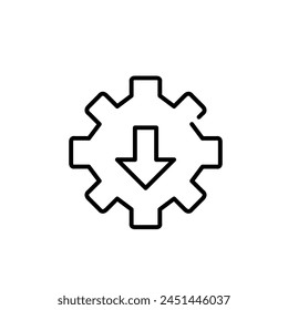 Cogwheel and download arrow. Transmission or extraction of technical data or resources. Editable stroke vector icon