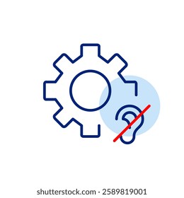 Cogwheel and ear crossed out. Hearing-impaired accessibility settings. Disable sound notification. Pixel perfect, editable stroke vector icon