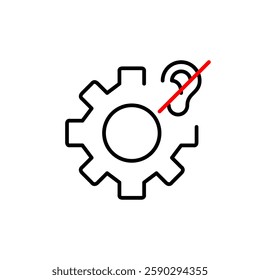 Cogwheel and ear crossed out. No audio processing, notifications disabled. Hearing impaired people accessibility. Pixel perfect, editable stroke vector icon