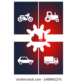 Cogwheel factory silhouette. Flat icons in rectangles. Vehicle customer support service