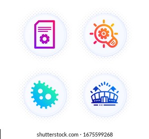 Cogwheel, File settings and Bacteria icons simple set. Button with halftone dots. Sports arena sign. Idea bulb, File management, Antibacterial. Event stadium. Business set. Vector