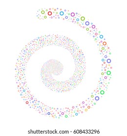 Cogwheel fireworks burst spiral. Vector illustration style is flat bright multicolored scattered symbols. Object swirl done from random pictographs.