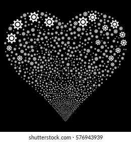 Cogwheel fireworks with heart shape. Vector illustration style is flat white iconic symbols on a black background. Object love heart done from scattered icons.