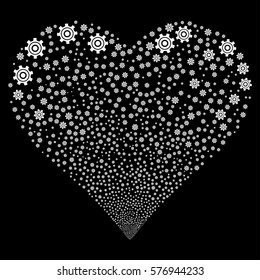 Cogwheel fireworks with heart shape. Vector illustration style is flat white iconic symbols on a black background. Object salute organized from random design elements.