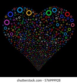 Cogwheel fireworks with heart shape. Vector illustration style is flat bright multicolored iconic symbols on a black background. Object salute combined from random symbols.
