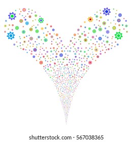 Cogwheel fireworks stream. Vector illustration style is flat bright multicolored iconic symbols on a white background. Object double fountain constructed from random design elements.