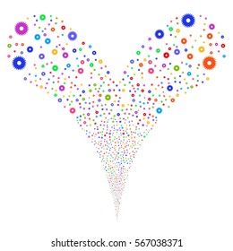 Cogwheel fireworks stream. Vector illustration style is flat bright multicolored iconic symbols on a white background. Object double fountain organized from random pictographs.