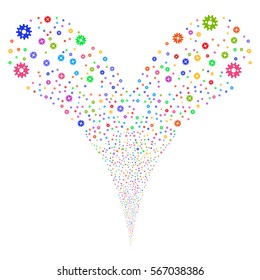 Cogwheel fireworks stream. Vector illustration style is flat bright multicolored iconic symbols on a white background. Object double fountain done from random design elements.