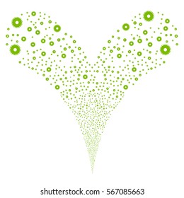 Cogwheel fireworks stream. Vector illustration style is flat eco green iconic symbols on a white background. Object double fountain organized from random pictograms.