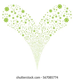 Cogwheel fireworks stream. Vector illustration style is flat eco green iconic symbols on a white background. Object double fountain created from random symbols.