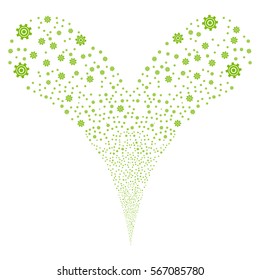 Cogwheel fireworks stream. Vector illustration style is flat eco green iconic symbols on a white background. Object double fountain organized from random design elements.