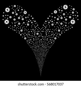 Cogwheel fireworks stream. Vector illustration style is flat white iconic symbols on a black background. Object double fountain made from random pictograms.