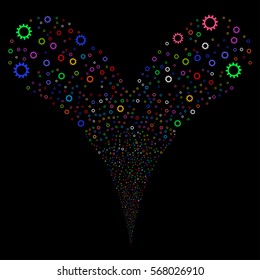 Cogwheel fireworks stream. Vector illustration style is flat bright multicolored iconic symbols on a black background. Object double fountain created from random icons.