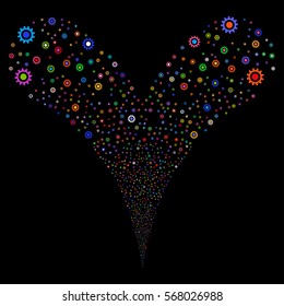 Cogwheel fireworks stream. Vector illustration style is flat bright multicolored iconic symbols on a black background. Object double fountain made from random symbols.