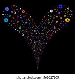 Cogwheel fireworks stream. Vector illustration style is flat bright multicolored iconic symbols on a black background. Object double fountain constructed from random pictograms.