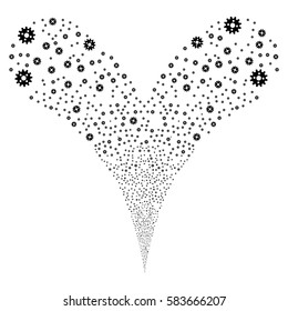 Cogwheel fireworks stream. Vector illustration style is flat black iconic symbols on a white background. Object double fountain done from random pictograms.