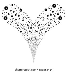 Cogwheel fireworks stream. Vector illustration style is flat black iconic symbols on a white background. Object double fountain organized from random design elements.