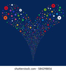 Cogwheel fireworks stream. Vector illustration style is flat bright multicolored iconic symbols on a blue background. Object double fountain organized from random symbols.