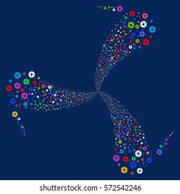Cogwheel fireworks swirl rotation. Vector illustration style is flat bright multicolored iconic symbols on a blue background. Object whirl done from random pictograms.