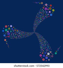 Cogwheel fireworks swirl rotation. Vector illustration style is flat bright multicolored iconic symbols on a blue background. Object whirl done from random pictographs.