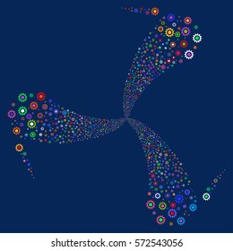 Cogwheel fireworks swirl rotation. Vector illustration style is flat bright multicolored iconic symbols on a blue background. Object whirl constructed from random icons.