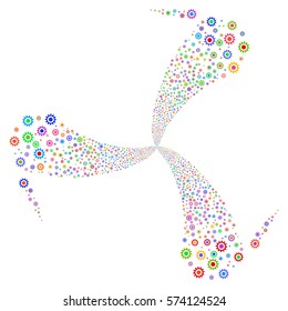 Cogwheel fireworks swirl rotation. Vector illustration style is flat bright multicolored iconic symbols on a white background. Object spiral done from random design elements.