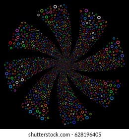 Cogwheel fireworks swirl rotation. Vector illustration style is flat bright multicolored iconic symbols on a black background. Object flower constructed from random pictograms.