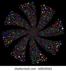 Cogwheel fireworks swirl rotation. Vector illustration style is flat bright multicolored iconic symbols on a black background. Object whirl constructed from random pictographs.