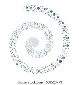 Cogwheel fireworks vortex spiral. Vector illustration style is flat bicolor blue and gray scattered symbols. Object twirl combined from random design elements.