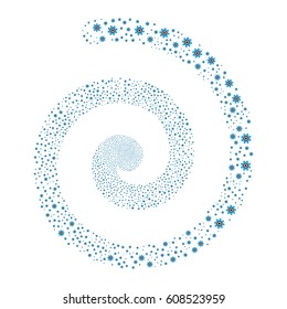 Cogwheel fireworks vortex spiral. Vector illustration style is flat bicolor blue and gray scattered symbols. Object whirl created from scattered pictograms.
