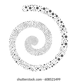 Cogwheel fireworks whirl spiral. Vector illustration style is flat black scattered symbols. Object whirl made from random symbols.