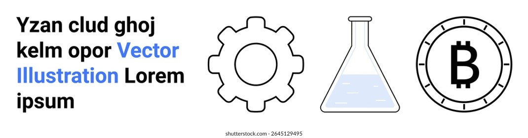 Cogwheel, frasco com líquido, e moeda criptomoeda, ao lado do texto. Ideal para tecnologia, ciência, inovação, criptomoeda, pesquisa, visualização de dados de moeda digital Página inicial