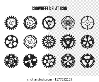 Cogwheel flat machine gear icon. Set of black machine gear on a white background: wheel cogwheel vector, set of gear wheels, collection of vector gear