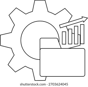 Una carpeta de rueda dentada con barras de tendencia ascendente y flecha ascendente componen una ilustración esquemática