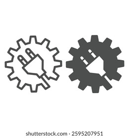 Cogwheel with fork plug and cord line and solid icon, electrical service concept. Vector graphics. Fork on mechanic gear, repair sign on white background, outline style icon for mobile or web design