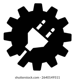Cogwheel with fork plug and cord solid icon, electrical service concept. Vector graphics. Fork on mechanic gear, repair sign on white background, style mobile or design