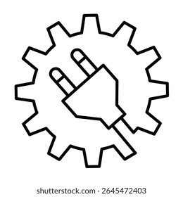Cogwheel com garfo plug e cordão ícone linha fina, conceito de serviço elétrico. Gráficos vetoriais. Garfo em engrenagem mecânica, sinal de reparação no fundo branco, móvel estilo ou design