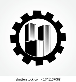 cogwheel frame with high buildings in the middle, vector