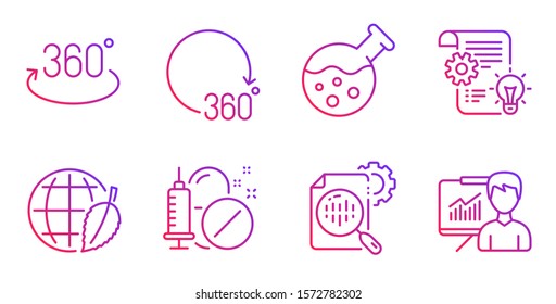 Cogwheel, Full rotation and Seo stats line icons set. Chemistry lab, 360 degrees and Environment day signs. Medical drugs, Presentation symbols. Idea bulb, 360 degree. Science set. Vector
