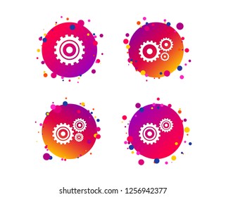 Cogwheel gear icons. Mechanism symbol. Website or App settings sign. Working process performance. Gradient circle buttons with icons. Random dots design. Vector